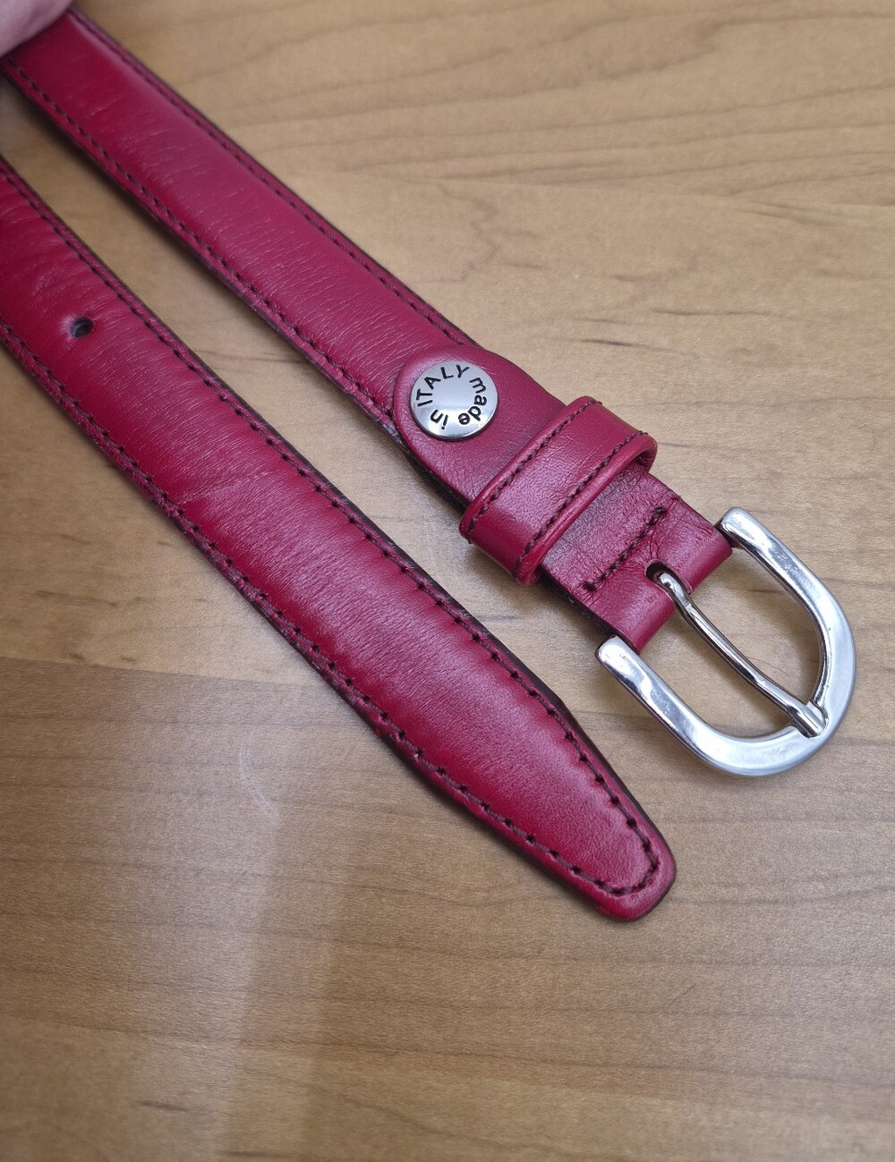 Vera Pelle Made In Italy Red Leather Skinny Belt Silver Buckle Size L (115)